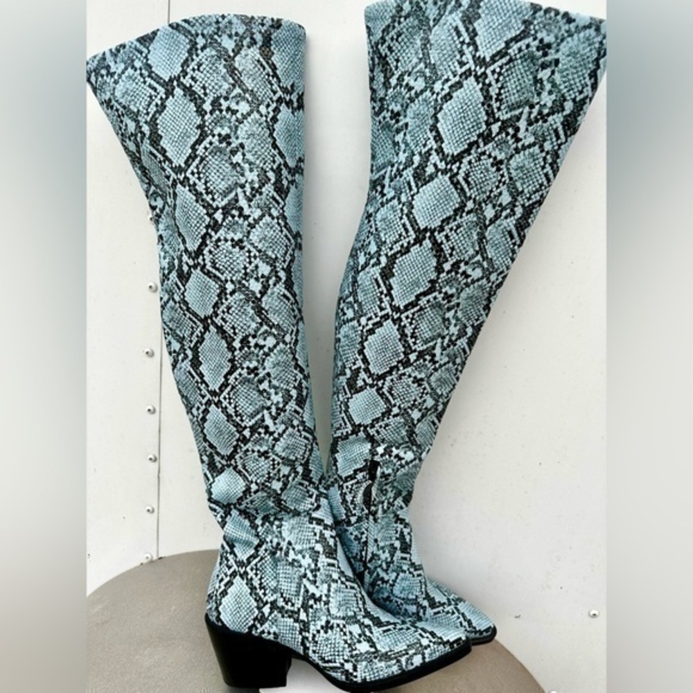 Gianni Bini Alyiraa Snake Print Stretch Over-The-Knee Block Heel Boots - Picture 2 of 11